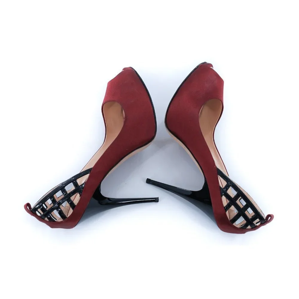 GIUSEPPE ZANOTTI Burgundy Caged Satin Peep Toe Pumps Heels